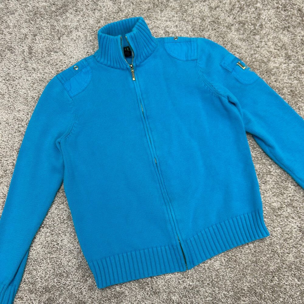 Lauren Ralph Lauren Full Zip Sweater Jacket Women Size Medium Blue Knit Cotton‎